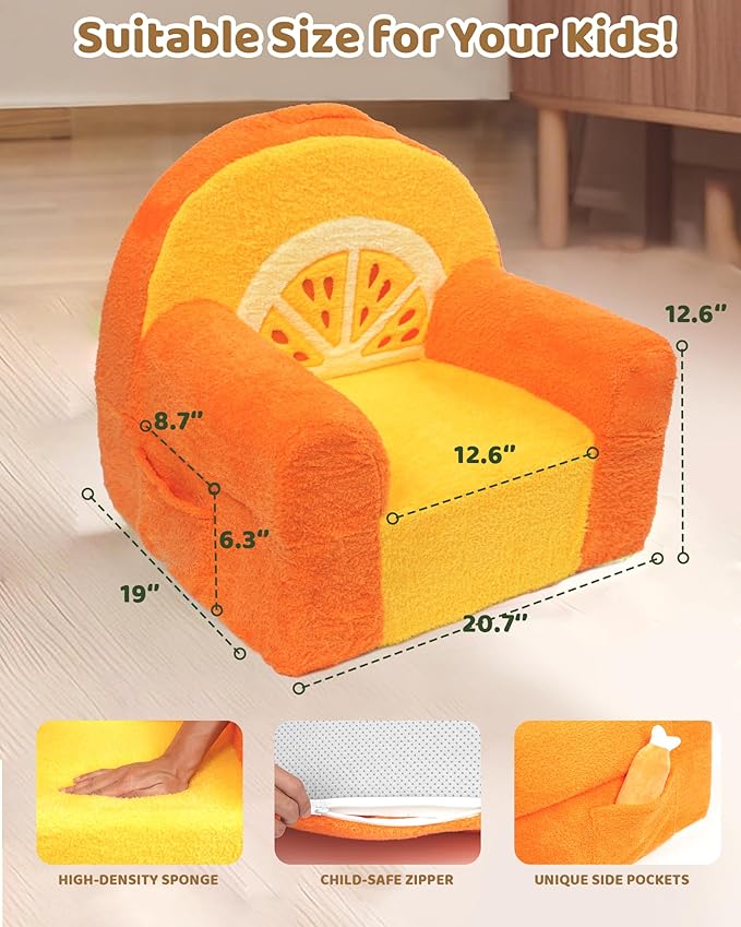 Toddler Chair, Comfy Foam Kids Couch with Soft Velvet Cover, Toddler Couch with Cute Orange Design for Gaming and Studying, Kids Sofa for Boys and Girls