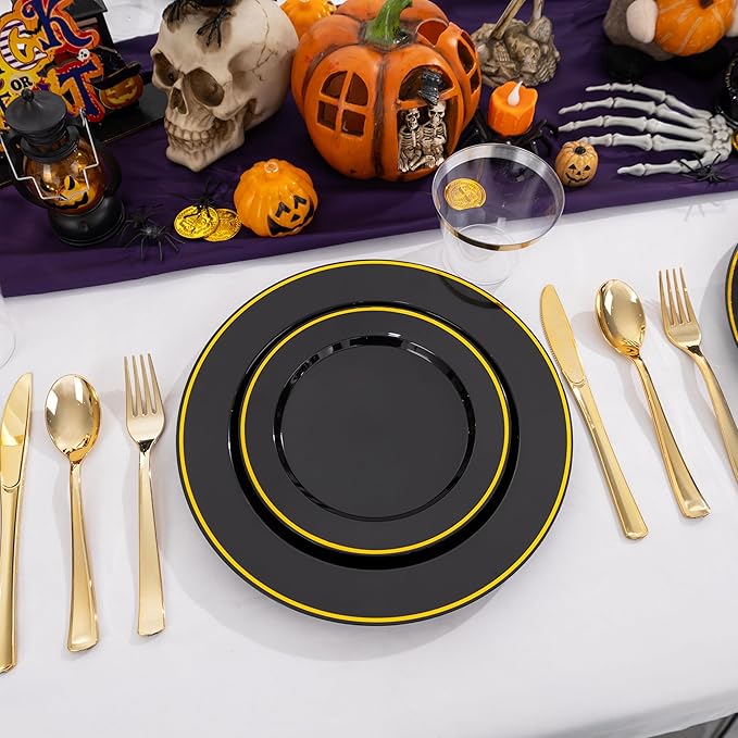 SUT 350-Piece Black and Gold Disposable Plates - Elegant Plastic Dinnerware for 50 Guests, Includes Cups & Napkins | Durable Leak-Proof Design for Weddings, Birthdays, Holidays