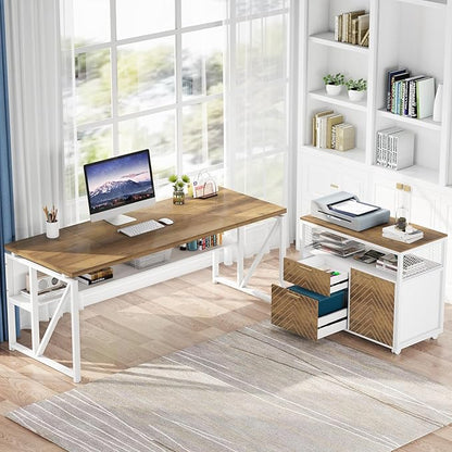 Tribesigns L Shaped Desk with Drawer,63" Executive Computer Desk and lateral File Cabinet, 2 Piece Home Office Furniture for Hanging File, Cabinet with Doors (Walnut, 63-inches)