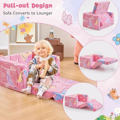 Toddler Chair Comfy,2-in-1 Soft Toddler Couch Fold Out for Kids,Convertible Sofa to Lounger,Gift for Girls and Boys Birthday,Butterfly