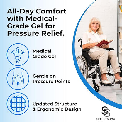 SelectSoma Travel Gel Seat Cushion for Long Sitting - Travel Pad for Car, Truck, Office Chair, Wheelchair - Cooling Gel Cushion for Sciatica, Tailbone, Back Pain, and Pressure Relief