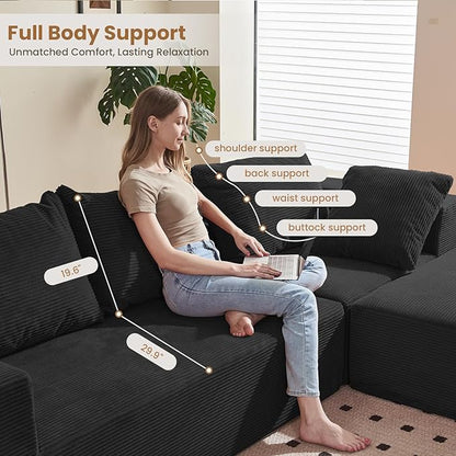 108" L-Shaped Boneless Couch, Modular Sectional Sofa with Moveable Ottoman, Corduroy Cloud Couches for Living Room, No Assembly, Ship in a Box, Black