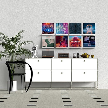 ILYXY Acrylic Vinyl Record Holder Wall Mount – 8 Pack 12-Inch Floating Vinyl Shelves, White Record Display Frames for LP Albums & Wall Decor