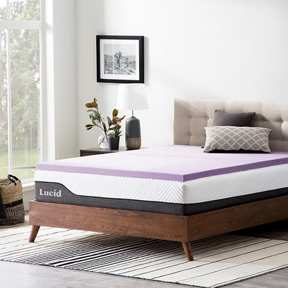 Lucid 2 Inch Lavender Infused Memory Foam Mattress Topper - Ventilated Design – Pressure Relieving Bed Topper - Mattress Pad – CertiPur Certified - King Size