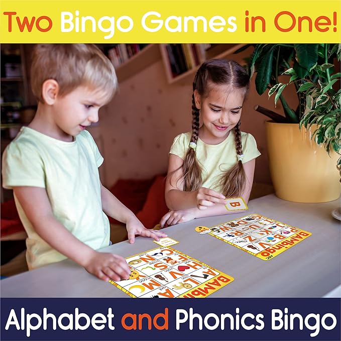 THE BAMBINO TREE Alphabet and Phonics Bingo - ABC Learning Letter Recognition and CVC Words with Pictures - Phonics Games for Kids Ages 3-7 yrs Preschool Kindergarten