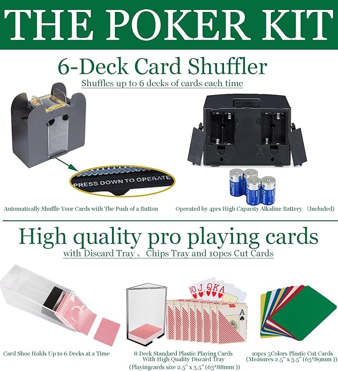 Ultimate Casino Game Set: 6 Deck Shuffler+300pc Hi-End Chips+8 Pro Plastic Poker Card+Card Shoe+Chip Rake+Felt+Accessories, Blackjack Set & Texas Holdem Kit, Poker Night Kit for Adult Casino Party