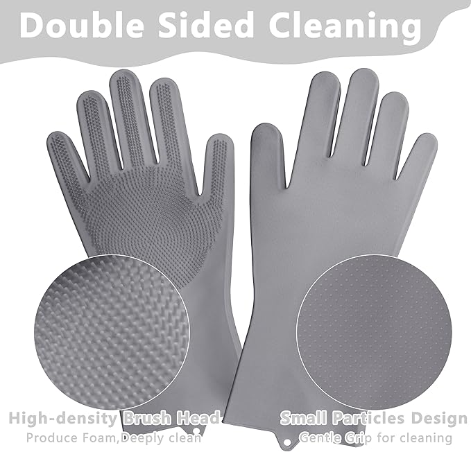 Pet Grooming Gloves—Heat Resistant Dog Washing Gloves with High-Density Teeth, Dog Bath Scrubber with Enhanced Five Finger Design, Silicone Gloves for Dogs and Cats Bathing, Massage (Gray)