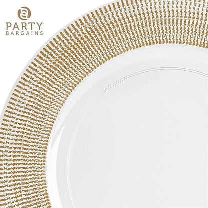 PARTY BARGAINS 13-Inch Charger Plates - 8 Pack, Clear Gold Textured Rim, Heavy-Duty Disposable Chargers for Elegant Dining - Ideal for Weddings and Formal Events
