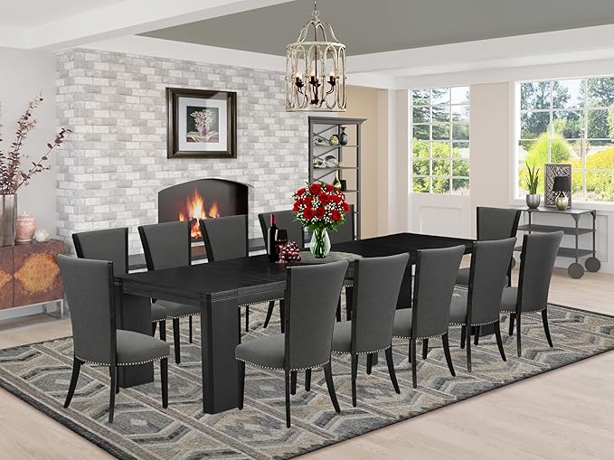 X12VE-006-50 - 13-piece Modern Dining Room Table Set a Rectangular Kitchen Table and 12 Dark Gotham Grey Linen Fabric Dining Chair, 39x120 Inch, Wire Brushed Black