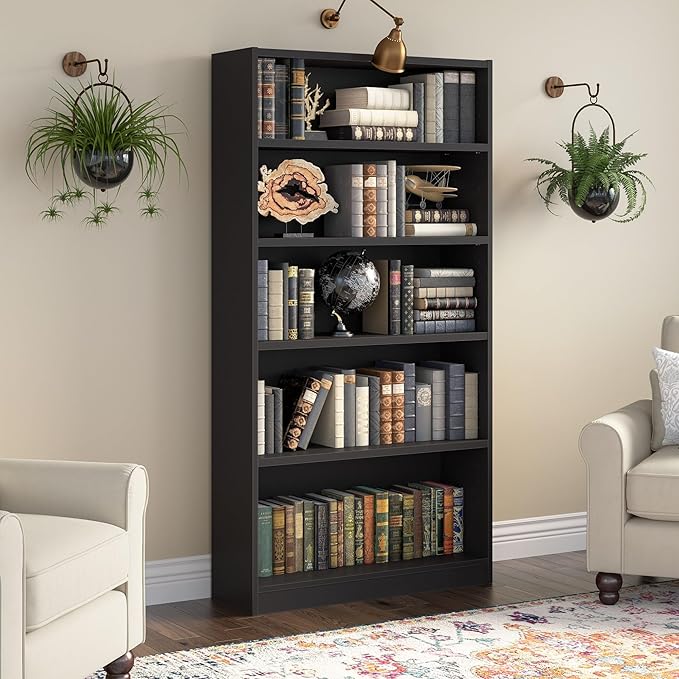 Bush Furniture Universal Tall 5 Shelf Bookcase in Black, Vertical Storage and Display Bookshelf for Home Office or Living Room Organization