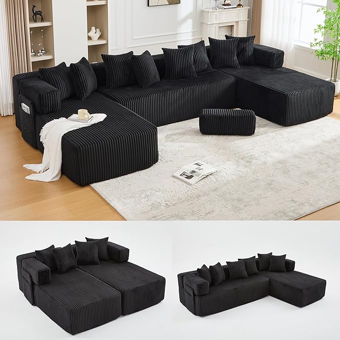 Eafurn DIY Combination Compression Modular Sectional Sofa with Double Chaise Lounge, 146" Oversized U Shaped Boneless Couch with Deep Seat Convertible Sleeper Sofabed w/Throw Pillows
