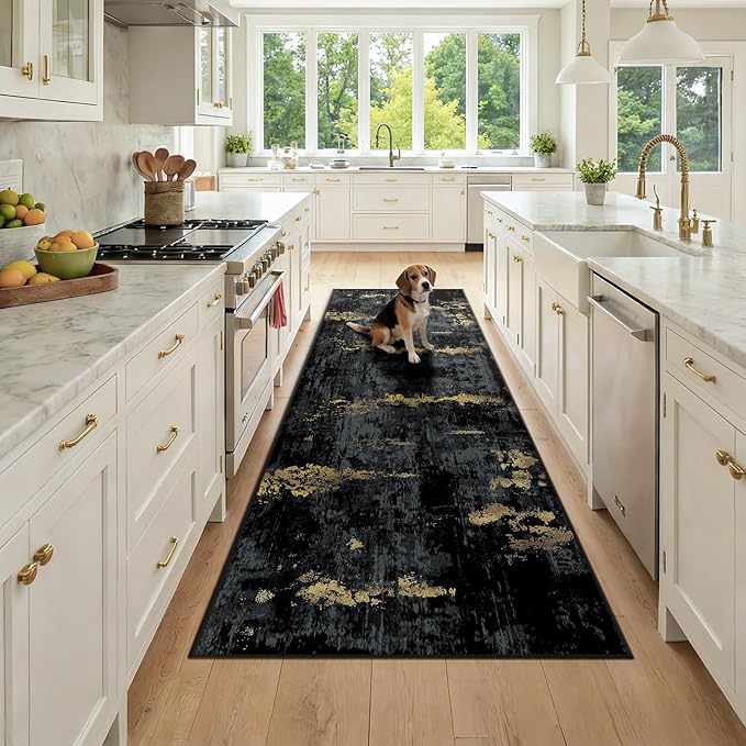 Washable Area Rugs 3x8 Non-Slip Modern Abstract Soft for Living Room Entryway Bedroom Nursery, Print Pattern, Dark Black Gold