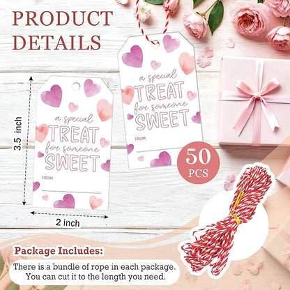 50Pcs Valentines Day Gift Sticker Tags - Happy Valentine's Day Tags with String, A Special Treat for Someone Sweet Label for Gift Wrapping, Valentine's Day Decoration