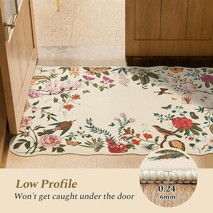 Rugflix Scalloped Floral Rug for Entryway, 2x3 Washable Non-Slip Kitchen Area Rugs, Small Low Pile Indoor Door Mat, Soft Entrance Carpet for Bathroom Bedroom, Cream Beige