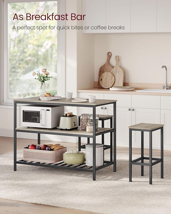 VASAGLE Kitchen Island with 3 Shelves, 47.2 Inches Width Kitchen Shelf with Large Worktop, Stable Steel Structure, Industrial, Easy to Assemble, Greige and Black UKKI001B02