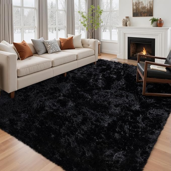 6x9 Area Rug for Living Room: Ultra Soft Fluffy Rug Modern Large Thicked Shag Rug for Bedroom Non Slip Indoor Fuzzy Carpets for Girls Kids Room Nursery Dorm Home Decor Black
