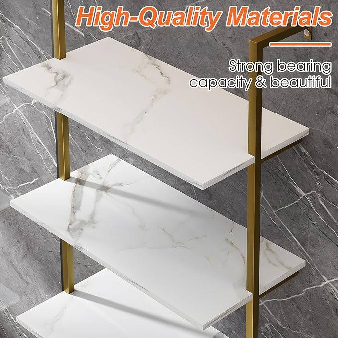 5 Tiers Ladder 2-Piece Shelf White Marble Modern Bookshelf Open Tall Wall Mount Bookcase Standing Leaning Wall Shelves Industrial Decorative