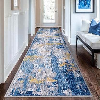 Washable Area Rugs 2'x8' Non-Slip Modern Abstract Soft for Living Room Entryway Bedroom Nursery, Print Pattern, Grey Blue Gold/Golden