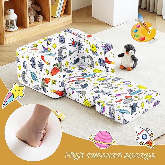 Tiita Kids Sofa Couch, Convertible Children Couch to Lounger, Toddler Comfy Sofa with Cute Graffiti Pattern Design for Girls and Boys, Graffiti
