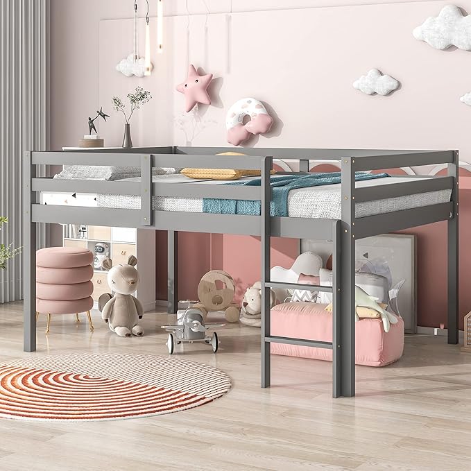 HomSof Full Loft Bed with Guard Rail & Ladder,No Box Spring Needed,Easy Assembly,Grey