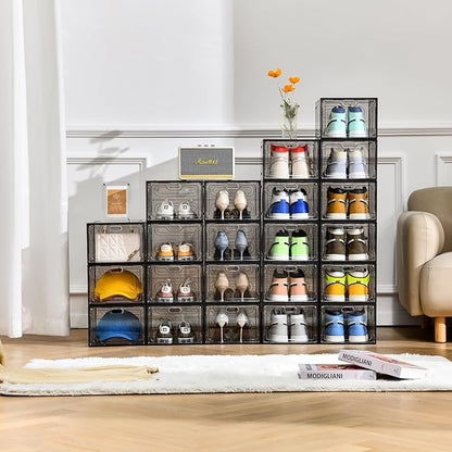 12 Pack Gray Transparent Shoe Storage Organizer, Stackable Shoe Boxes for Closet, Drop Front Plastic Shoe Box with Grey Door, Easy to Assemble, Fit up US Size 12(13.4”x 9.8”x 7.1”)