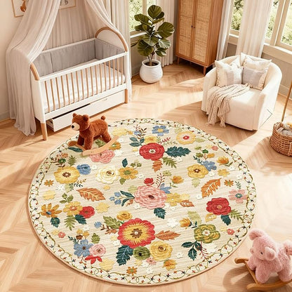 4x4 Round Bedroom Rug Washable: Round AreaRug Stain Resistant Floral Rug Non Slip Low Pile Small Carpet for Bedroom Kitchen Entryway Living Room Bedside Office Dorm Kids Room Entrance