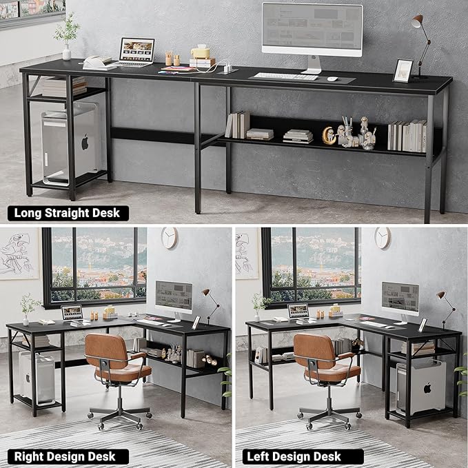 Unikito Reversible L Shaped Desk with Magic Power Outlets and USB Charging Ports, Sturdy Corner Computer Desk with Storage Shelves, Gaming Table Home Office Desk, Easy to Assemble, Black