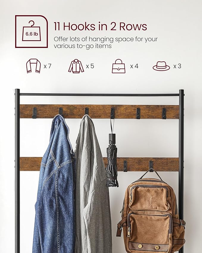 VASAGLE Coat Rack, Hall Tree with Shoe Storage Bench, Entryway Bench with Shoe Storage, 3-in-1, Steel Frame, for Entryway, 12.6 x 33.5 x 68.9 Inches, Industrial, Rustic Brown and Black UHSR401B01