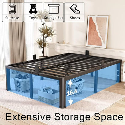 18 Inch California King Bed Frame with Rounded Corner and Headboard Hole Mattress Retainers 3500 LBS Metal Heavy Duty Steel Slats Support No Box Spring Needed Platform Noise Free Easy Assembly