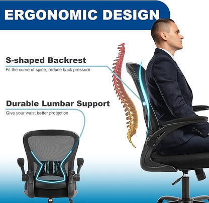 Mesh Office Chair, Ergonomic Home Office Desk Chairs with Flip-up Arms and Lumbar Support, Height Adjustable, Black