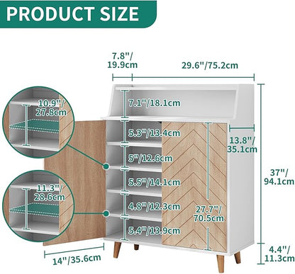 YITAHOME Shoe Cabinet with Doors, 5-Tier Shoe Storage Cabinet with Open Shelves, Large Capacity Wooden Shoes Rack Organizer with Pine Wood Legs for Entryway Hallway Closet, White & Oak Color
