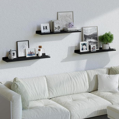 WOPITUES Floating Shelves 24 inch with Gold Metal Guardrail, Shelves for Wall Decor Set of 3, Wall Shelves for Bedroom, Bathroom, Kitchen, Living Room, Plants, Picture Frames, Art- Black
