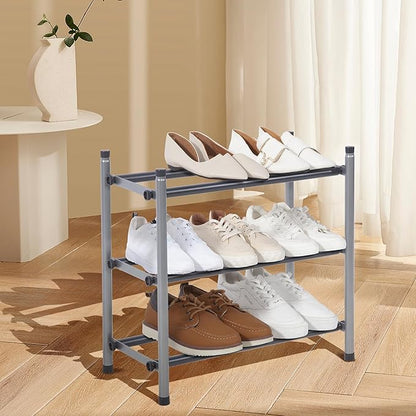 STORAGE MANIAC Expandable Shoe Rack, 12 Pairs Stackable Small Shoe Rack, Metal Adjustable Shoes Organizer for Closet, Entryway, Hallway, Garage, Front Door, Shoes Shelves, Black 3 Tier