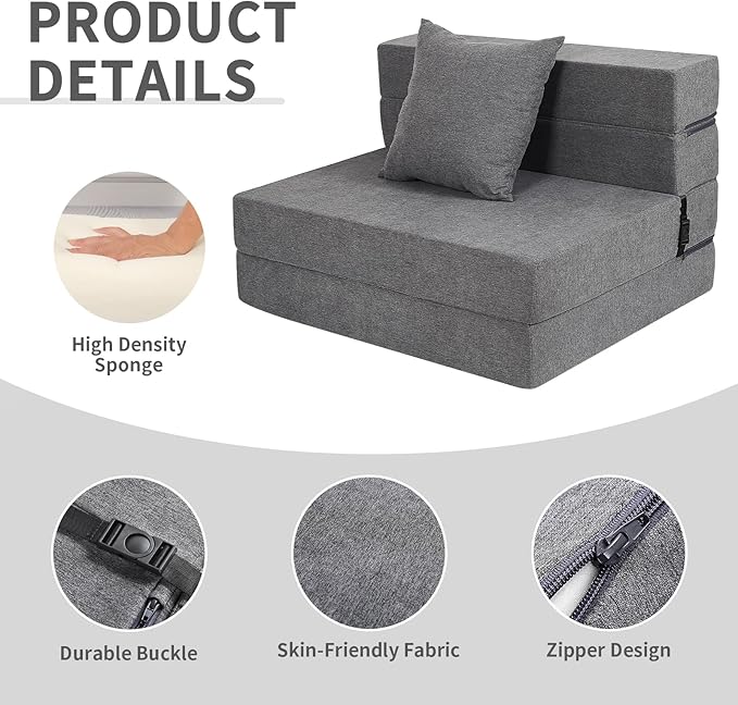 Futon Sofa Bed, High-Density Memory Foam Couch with Fluffy Pillow, Folding Floor Guest Bed, Twin Size, Dark Grey