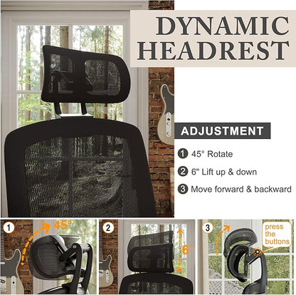 GABRYLLY Ergonomic Office Mesh Chair, High-Back Desk Chair with Sliding Seat, Adjustable Flip-up Armrest & 2D Headrest, 4-Gear Tilt Function, Swivel Computer Gaming Chairs for Man Woman