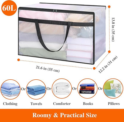 Vieshful 3 Pack 60L Clear Clothes Storage Bags with Zipper and Handles, Large Plastic Organizers for Comforter Clothes Bedding Blankets Duvets Pillow Toys & Moving