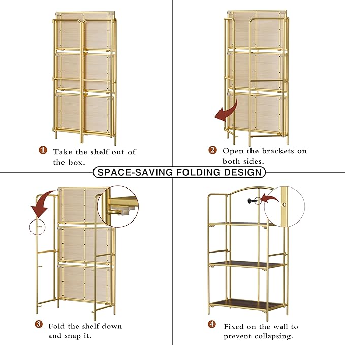 Crofy No Assembly Folding Bookshelf for Living Room, 3 Tier Gold Collapsible Book Shelf for Home Office, Portable Bookcase Storage Organizer