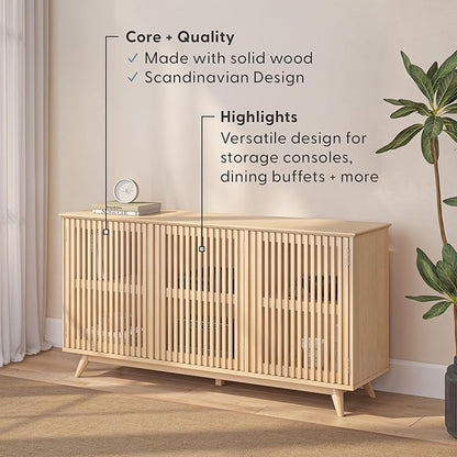 Plank+Beam Mid-Century Modern Wood TV Stand, Three Door Solid Wood Entertainment Console with Storage, 59" L x 16" W x 30" H, Blonde