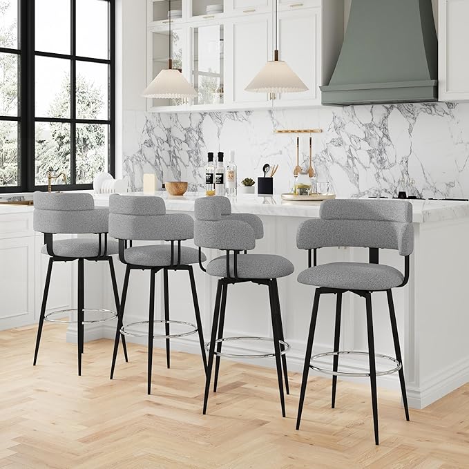 Swivel Bar Stools Set of 2, Counter Height Bar Stools with Ergonomic Full Back, Upholstered Linen Fabric Barstools with Chrome Metal Footrest for Kitchen Island, Dining Room