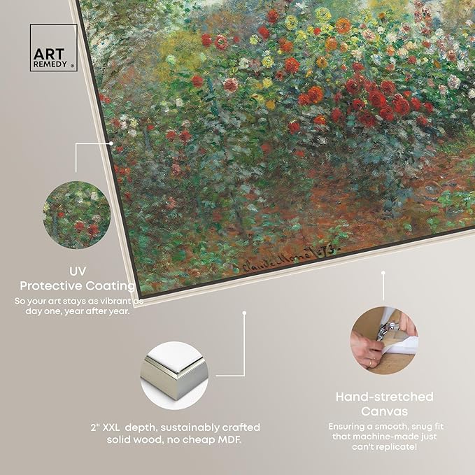 Art Remedy Monet-Garden With Dahlias Impressionism Classic Landscape Paintings Canvas Wall Art, Silver Floater Frame, 10"x15"