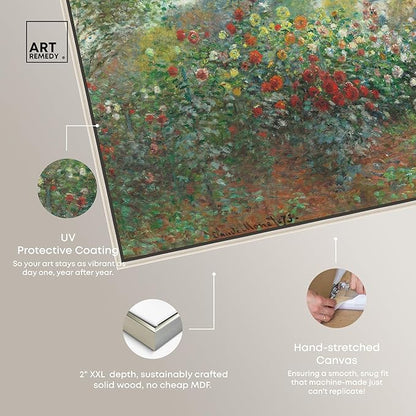 Art Remedy Monet-Garden With Dahlias Impressionism Classic Landscape Paintings Canvas Wall Art, Silver Floater Frame, 10"x15"