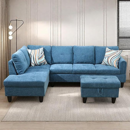 Osparple L Shaped Couch Sectional Couches for Living Room Upholstered Flannel 3 Pieces Modular Sectional Sofa with Chaise, Ottoman with Storage for Living Room and Small Apartment, Blue