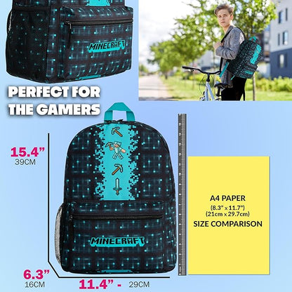 Minecraft Backpack for Boys Kids Teens Adjustable Straps Front Pocket Daypack Backpacks for Sports Gym School Gamer Gifts (Blue)