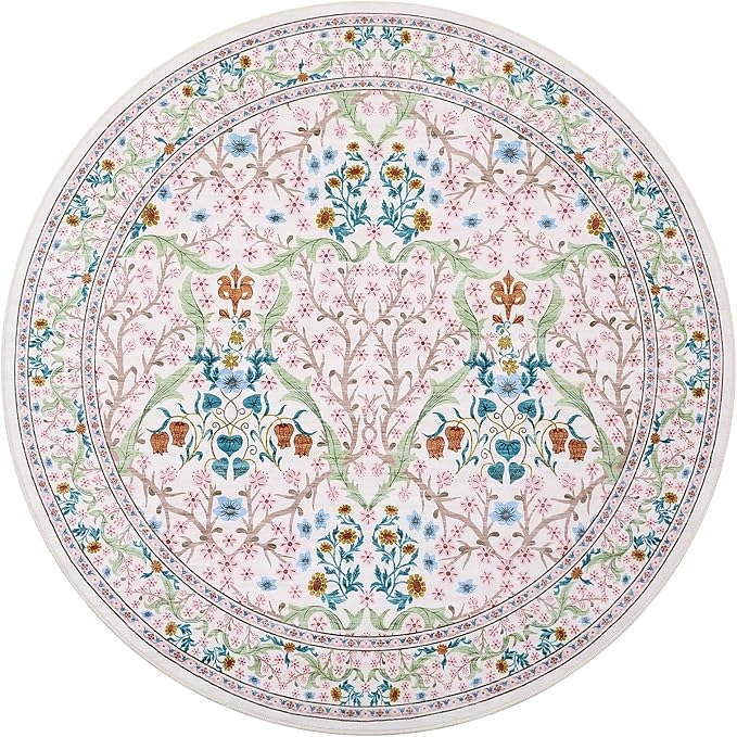 GarveeHome Pink Floral 4 ft Round Rug Washable Non-Slip Soft Low Pile Small Circle Carpet Vintage Rugs for Kitchen Bedroom Nursery Dining Living Room