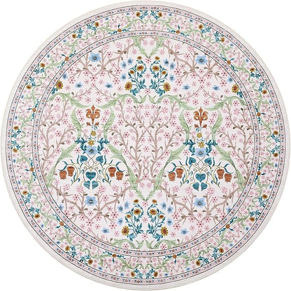 GarveeHome Pink Floral 4 ft Round Rug Washable Non-Slip Soft Low Pile Small Circle Carpet Vintage Rugs for Kitchen Bedroom Nursery Dining Living Room