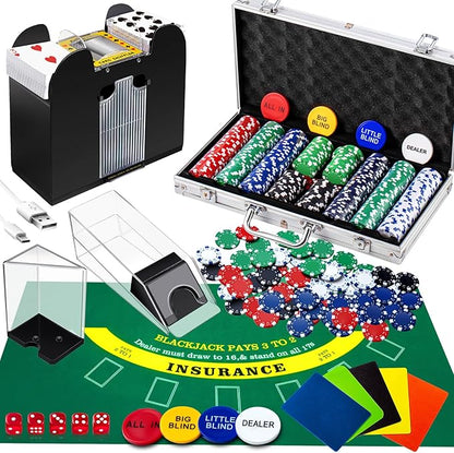 Aoriher Blackjack Casino Game Set, Include 300 Poker Chips, Casino Felt 1 Automatic Card Shuffler 6 Deck Dealer Shoe Discard Holder Tray Aluminum Case for Texas Holdem Blackjack Poker(Green)