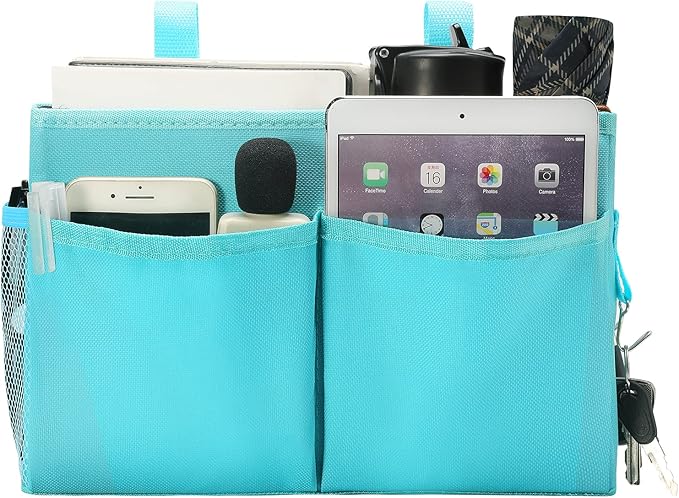Bseash Bunk Bed Organizer, Bedside Caddy Hanging Bed Organizer Storage Bag with 4 Pockets and 2 Hooks, for College Dorm Rooms Bed, Hospital Bed, Baby Bed Rails, 600D Oxford Cloth (Light Blue)