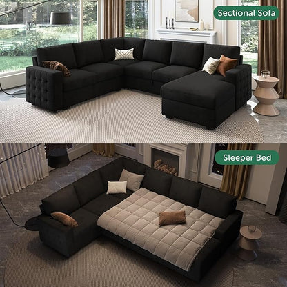 HONBAY Sectional Sleeper Sofa with Pull Out Bed U-Shape Sectional Couch with Storage Chaise 6 Seater Sleeper Sectional Sofa Bed, Velvet Black