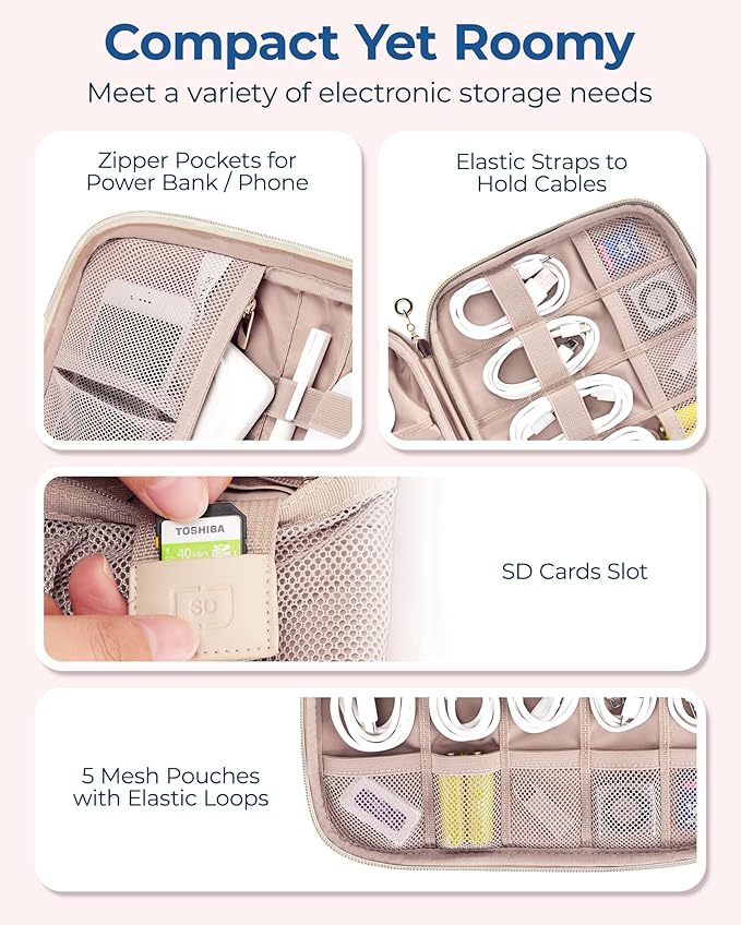 BAGSMART Electronics Organizer Case - Travel Accessories for Women, Cord Organizer for Phone, SD Card, Beige