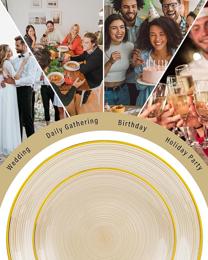 Morejoy 60Pcs Brown Plastic Plates,Brown Disposable Plates With Gold Rim, Gold Party Dinnerware Set Include 30 Dessert plates,30 Dinner plates for Party,Thanksgiving